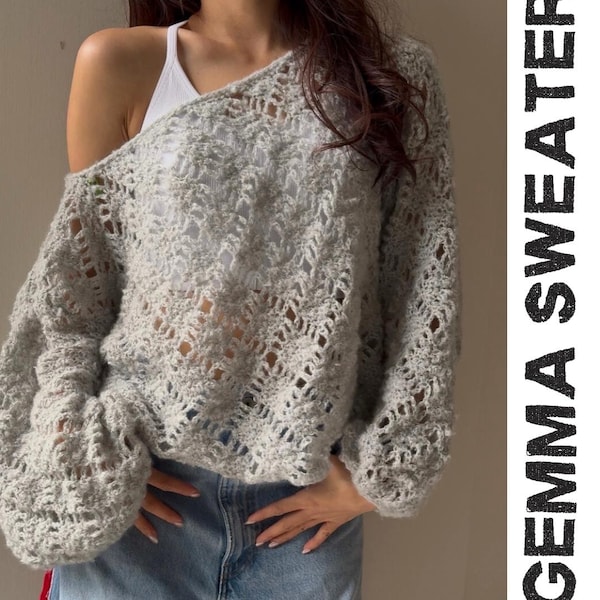 Patrón de crochet para suéter Gemma en inglés. Tallas incluidas. Nivel intermedio (archivo PDF).