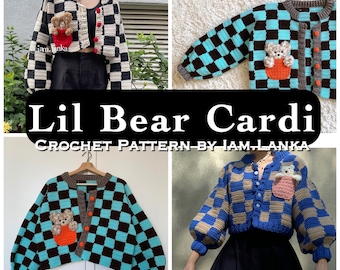 Lil Bear Cardigan Crochet Pattern | Crochet Cardigan , beginner friendly | size inclusive | checkered | simple | Crop Cardigan with Pocket