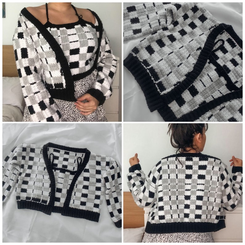May include: A black and white checkered cropped cardigan with long sleeves. The cardigan is made of a soft, fuzzy yarn and has a relaxed fit.