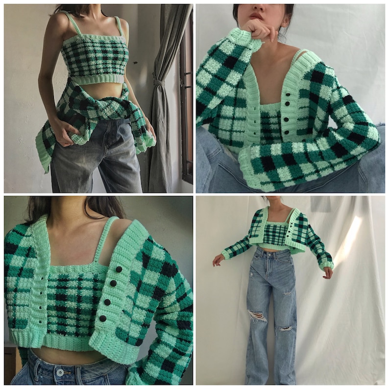 May include: A green and black plaid cropped cardigan and matching tank top. The cardigan has a V-neck and long sleeves. The tank top has a scoop neck and is sleeveless.