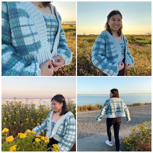 May include: A blue and white plaid crochet cardigan and matching crop top. The cardigan has a relaxed fit and a slightly cropped length. The model is wearing the cardigan and top outdoors in a field and by the water.