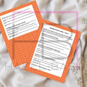 May include: A printable study guide for the book of Genesis, chapters 21-36. The guide is formatted with a title, chapter numbers, and a summary of each chapter. The background is a bright orange with a repeating pattern of pink circles.