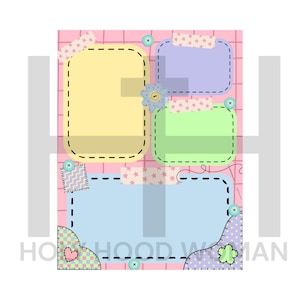 May include: A pink background with a grid pattern features four rectangular shapes in yellow, purple, and green, outlined with dashed lines. Decorative patches, buttons, and floral accents add detail. The design is reminiscent of a scrapbook page.