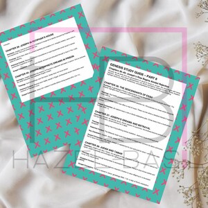 May include: A teal and pink printable study guide for the book of Genesis in the Bible. The guide covers chapters 36-40 and includes information about Joseph's rise to power, the descendants of Esau, and Joseph's dreams and betrayal.