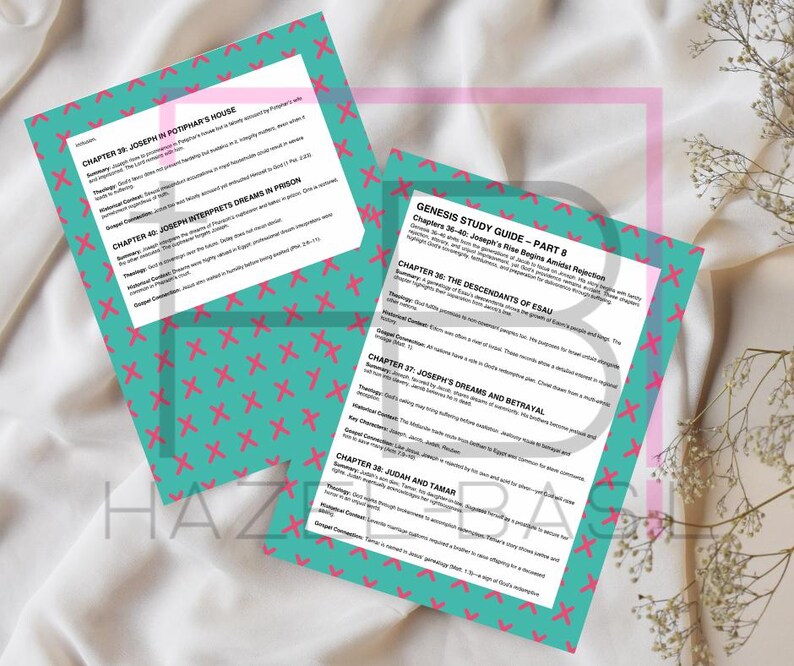 May include: A teal and pink printable study guide for the book of Genesis in the Bible. The guide covers chapters 36-40 and includes information about Joseph's rise to power, the descendants of Esau, and Joseph's dreams and betrayal.