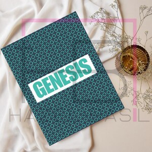 May include: A blue and teal notebook with a repeating circle pattern and the word "GENESIS" in white letters with a teal outline.