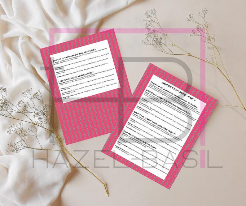 May include: Two pink study guides with a floral pattern. The guides are titled "Genesis Study Guide - Part 8" and "Chapter 44: The Silver Cup and Judah's Plea".