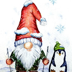 M. Gnome skiant avec son ami pingouin