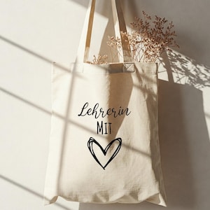 Lehrerin / Lehrer mit Herz | Baumwolltasche mit langem Henkel | Abschiedsgeschenk | Abschluss | Jutebeutel | mit Spruch