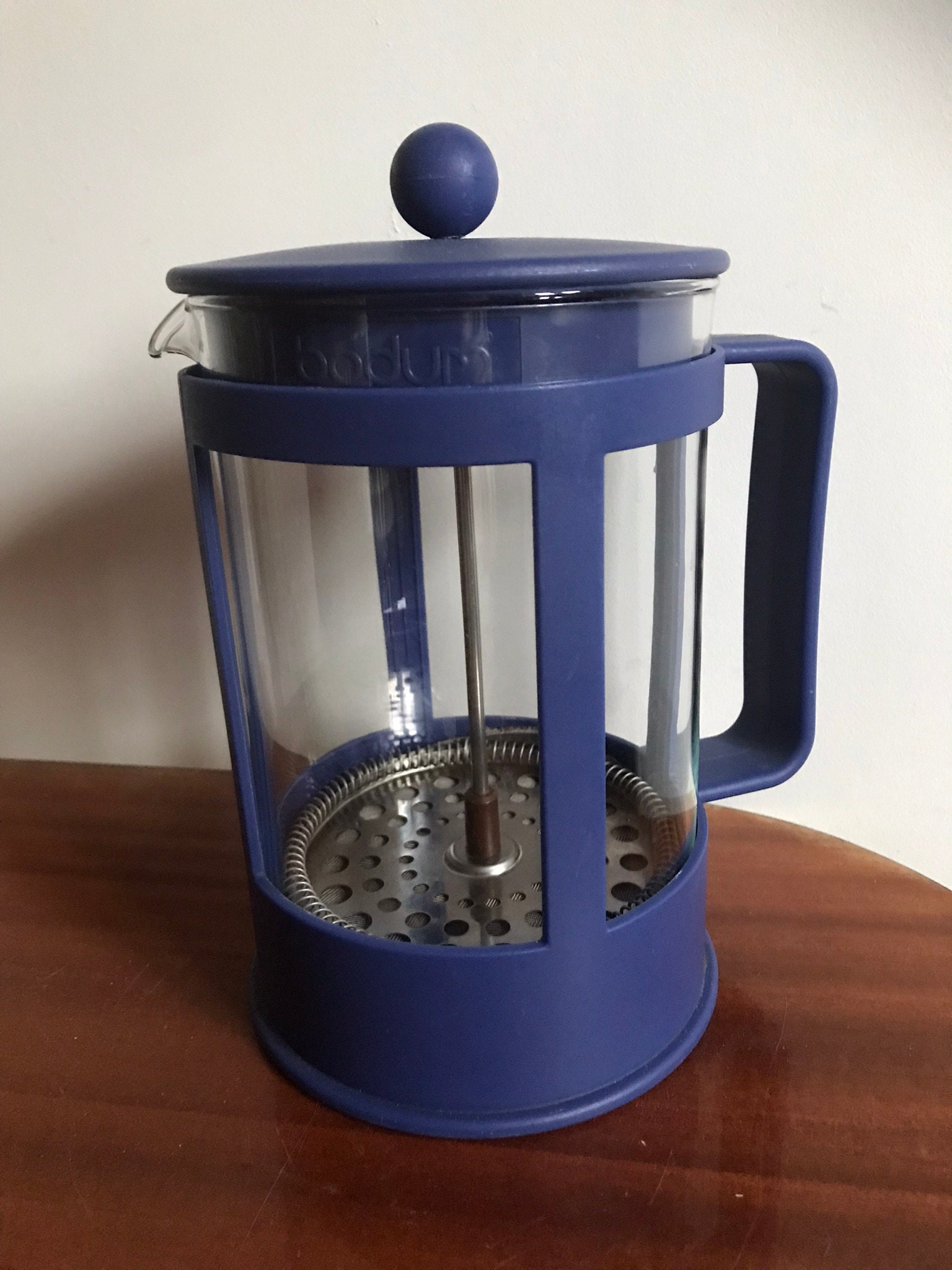 Large Vintage Bodum French Press Cafetiere Glass Blue Plastic