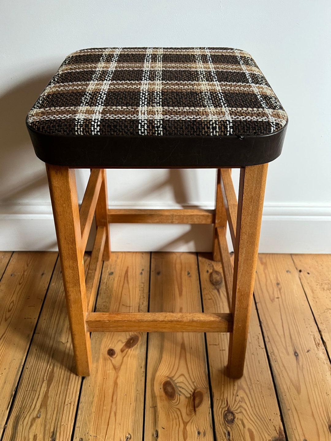 Vintage Kitchen Stool Mid Century 1970s Original Brown Check Cover ...