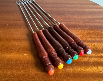 Vintage Fondue Forks Set of 6 Wooden Handle Individually Colour Coded FREE UK DELIVERY