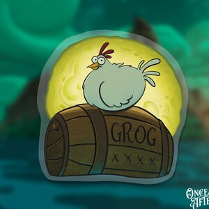 May include: A cartoon chicken sits on top of a wooden barrel with the word "GROG" and four "X"s printed on it. The barrel is on a yellow moon with a green background.