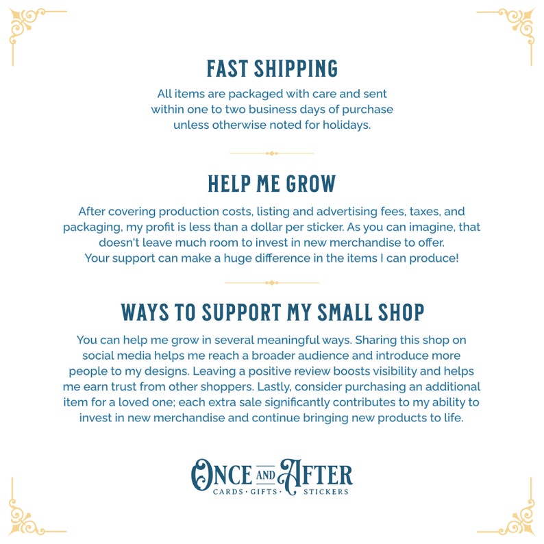 Text reads: “consider purchasing an additional item for a loved one; each extra sale significantly contributes to our ability to invest in new merchandise and continue bringing new products to life.