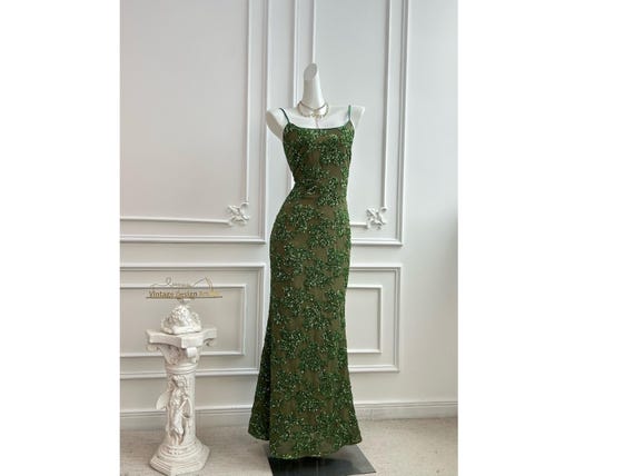 moss green evening dress Beadings Maxi sage green prom dress