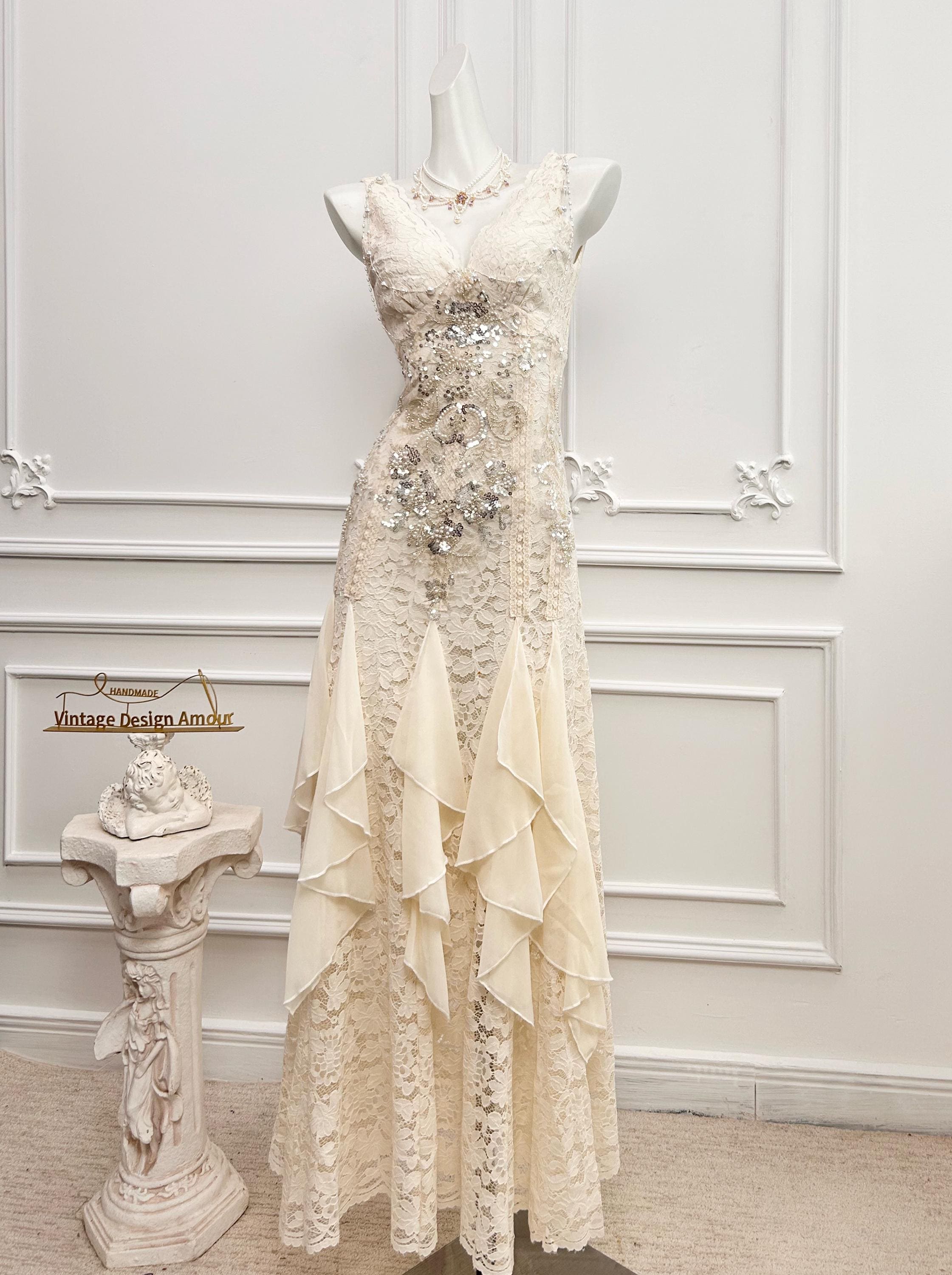 Vintage inspired lace cream wedding dress