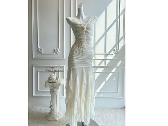 one shoulder ruched wedding dress One Shoulder Long Sleeve Ruched With Side Slit Wedding Dress QW8129