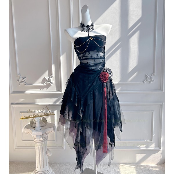 Black Lolita Dress with Red Roses - Enchanted Gothic Princess Vibes, Corset Style