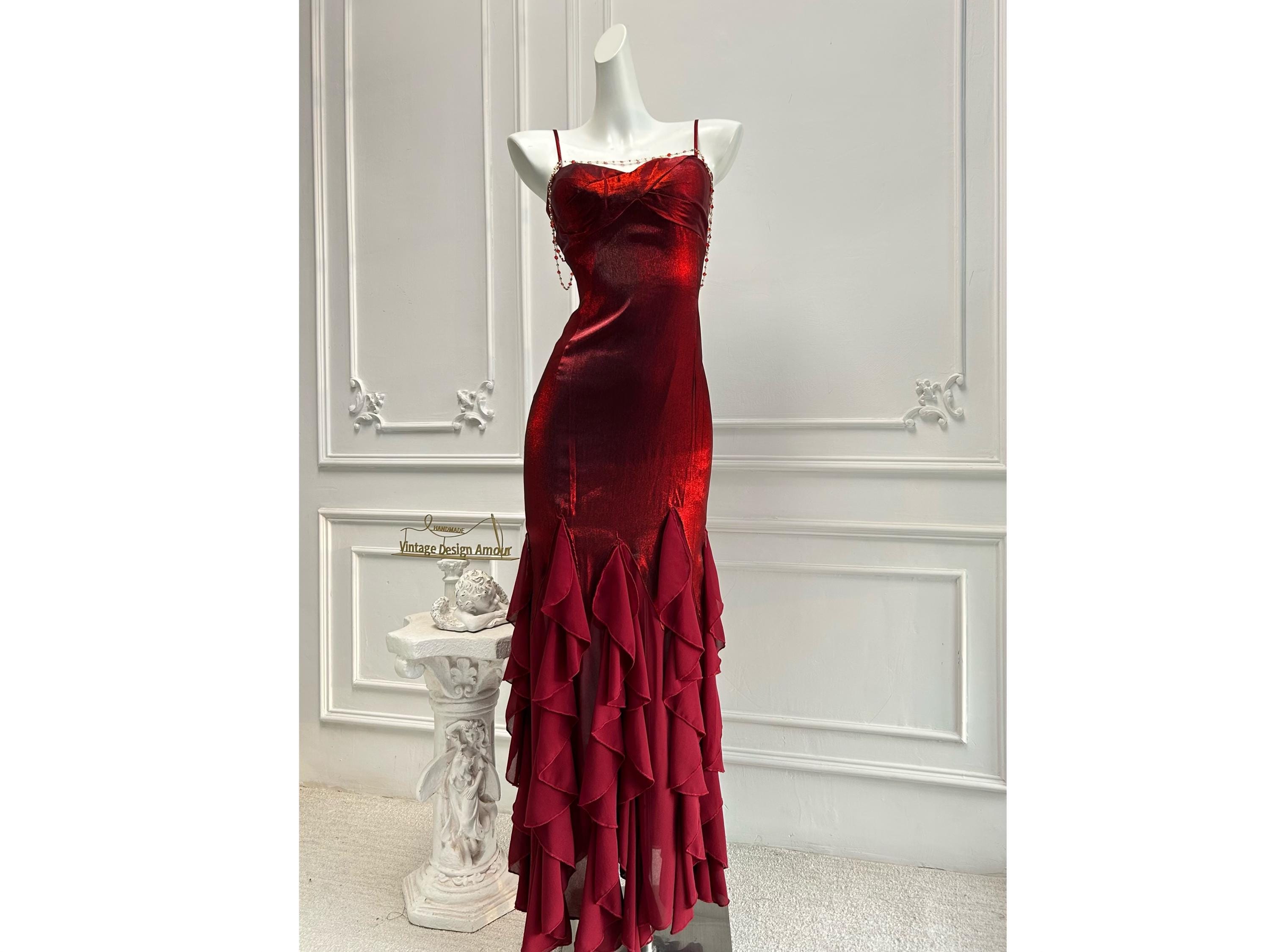 navy blue dress for baby girl Vintage 90s Blood Red Velvet Silver Glitter Floral Embellished Maxi Prom  Dress M