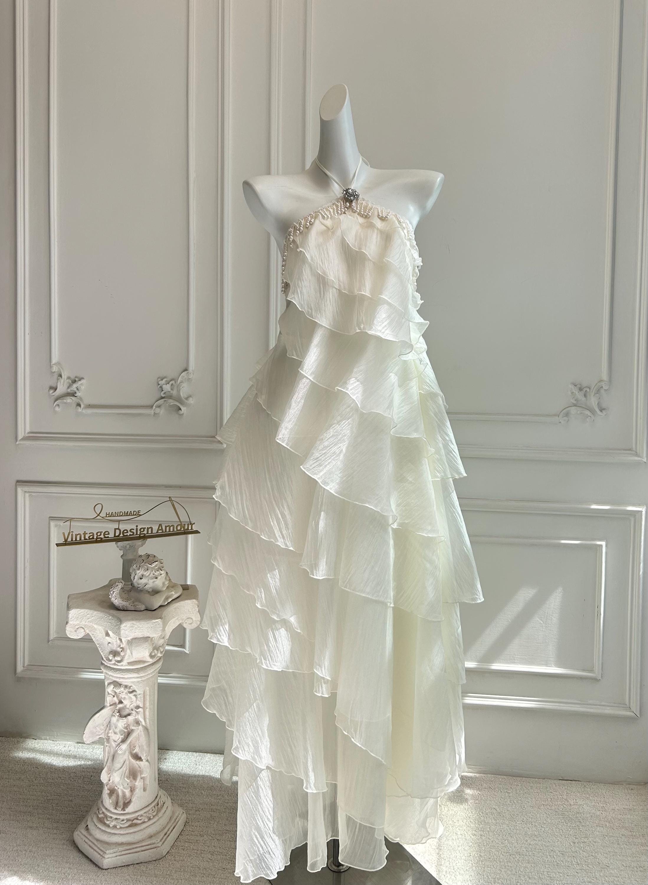 French Off-White Floral Halter Dress: Elegant Ruffle Evening Gown