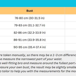 May include: A size chart with measurements for bust and waist in centimeters and inches. Sizes range from XS to XL. The chart includes instructions for accurate measurements, emphasizing the importance of a well-fitting bra for bust measurements.