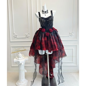 Robe lolita noire parfaite avec roses rouges - Ambiance princesse gothique enchantée