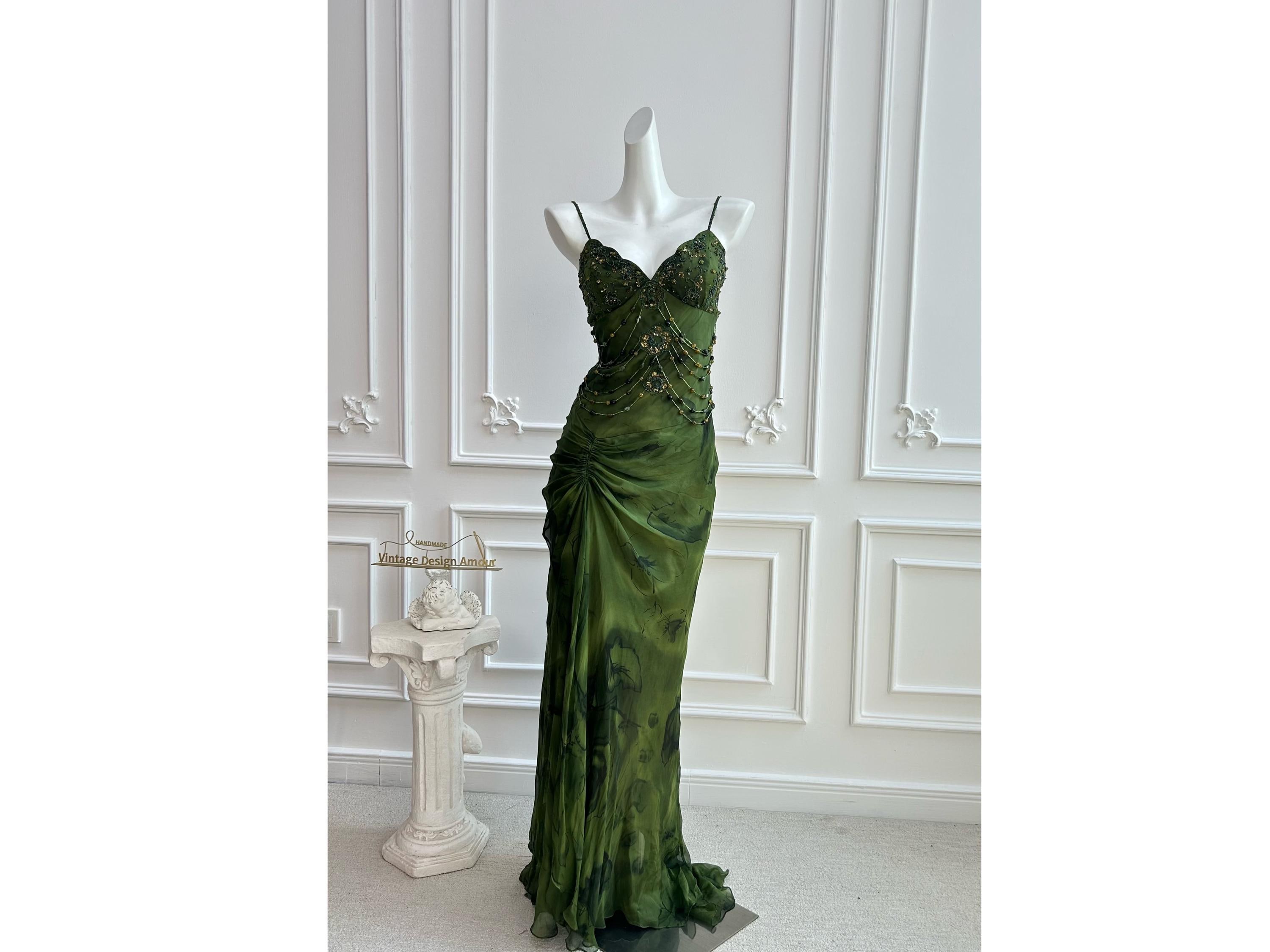 green vintage prom dress 90s strapless wedding gown