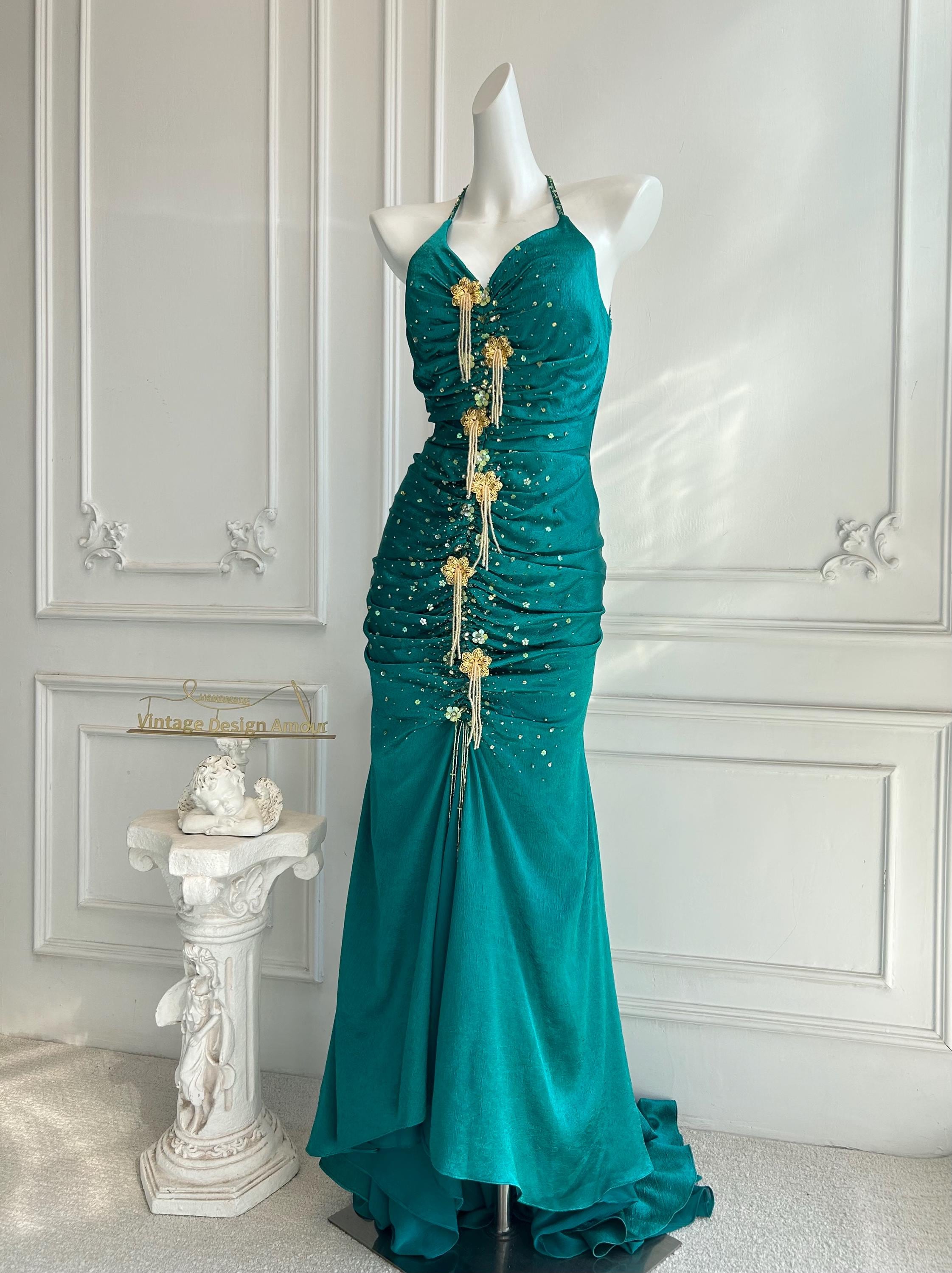 vintage inspired prom dress 90s Vintage Green Prom Dress: Tulle & Silk Party Gown