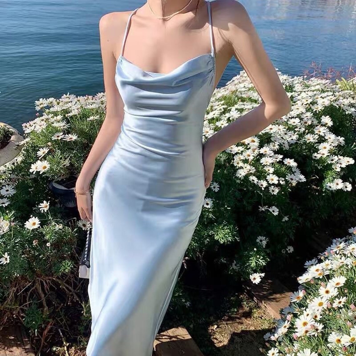 Pastel Blue Satin Cross Strap Backless Slip Prom Dress - Etsy