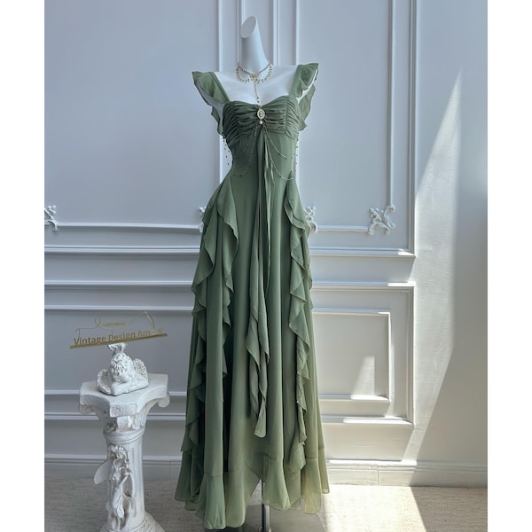 Cottagecore sage green bridesmaid dress