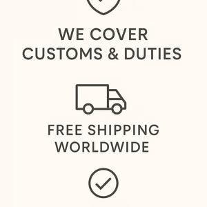 May include: An image with text and icons on a cream background. The text reads "WE COVER CUSTOMS & DUTIES", "FREE SHIPPING WORLDWIDE", and "NO SURPRISE FEES AT DELIVERY". Icons include a shield with a checkmark, a truck, and a checkmark.