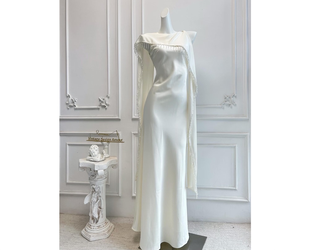 ivory reception dress Modern Ivory Crepe Puff Sleeve Mermaid Reception Dress