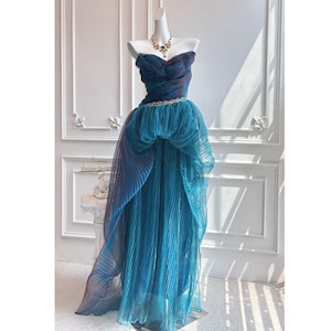 Blue Mermaid Wedding Gown – Shimmery Ocean Bridal Dress, Fantasy Princess Prom Dress, Fairytale Inspired Evening Gown