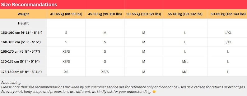 May include: A size recommendation chart with headings for weight and height, and size suggestions from XS to L/XL. The chart includes measurements in both centimeters and feet/inches, and kilograms and pounds. Text at the bottom advises that the chart is for reference only.