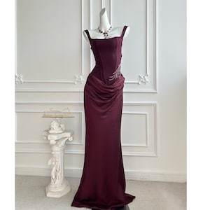 Handmade beadings dark red wide straps prom dress