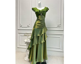 Off shoulder green handmade dress