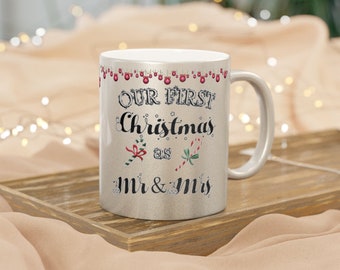 Mr and Mrs First Christmas Metallic Mug (Silver/Gold), Holidays Mug for Couple Perfect Gift for Christmas Christmas Metallic Coffee 11oz Cup