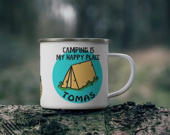 Camping is My Happy Place Enamel Mug, Custom Camping Mug, Personalized Campfire Mug, Metal Coffee Mugs, Couples Coffee Gift, Coffee Gift