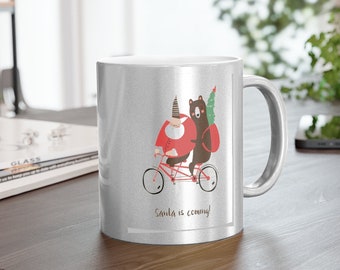 Santa is Coming Metallic Mug (Silver Gold), Perfect gift for her or him, Coffee mug 11oz, Christmas Gift, Creative present