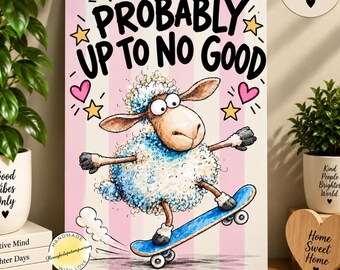 Funny Sheep Wall Art Print – Cheeky Skateboarding Sheep A4 Poster, Quirky Animal Decor, Funny Gift for Sheep Lovers