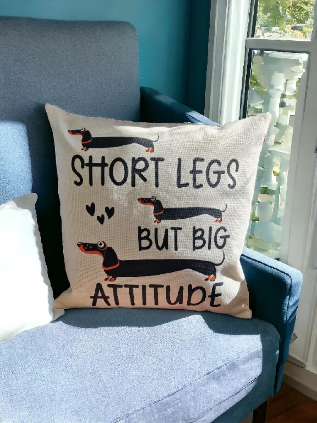 Embroidered Cushion with Pom Poms - Sausage Dog