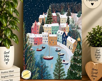 Christmas Harbour Village Print, A4 Winter Coastal Wall Art, Snowy Seaside Christmas Poster, Unframed Festive Decor