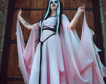 May include: A light pink dress with long, flowing sleeves and a black rope belt. The dress has a high neckline and is paired with a matching sheer cape. The person in the image has long black and white hair and is standing in front of a wooden door.