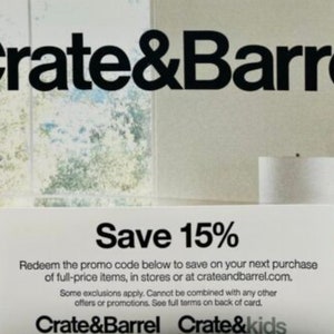 Crate &amp; Barrel 15% OFF Coupon Valid by 11/20/2022 Crate Barrel - Etsy