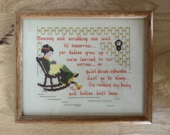 Vintage Framed Cross Stitch New Mom Babies Poem 11”x9” Nursery Baby’s Room