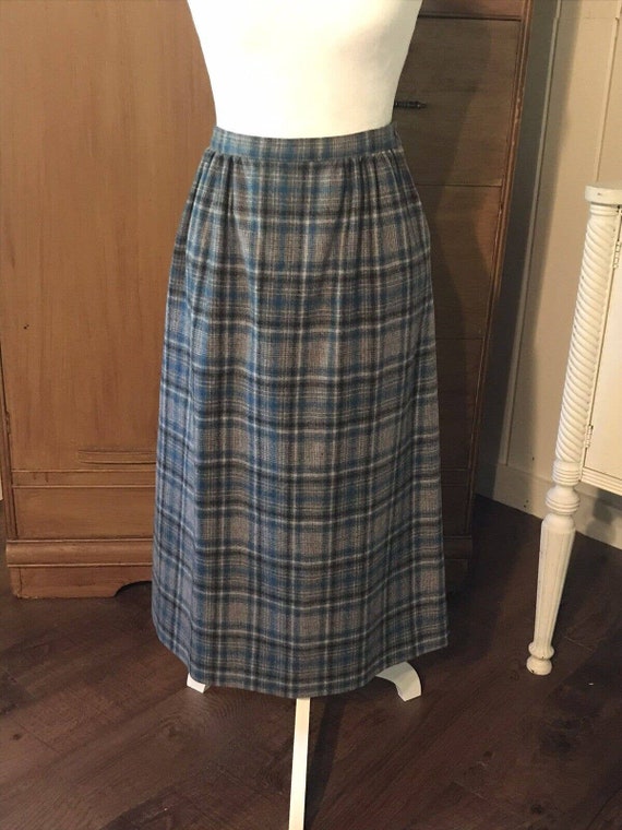 Vintage Pendleton Gray Blue Plaid Wool Skirt Size 