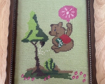 Vintage Framed Bear With Balloon Needlepoint Winnie The Pooh Nursery Kid’s Room