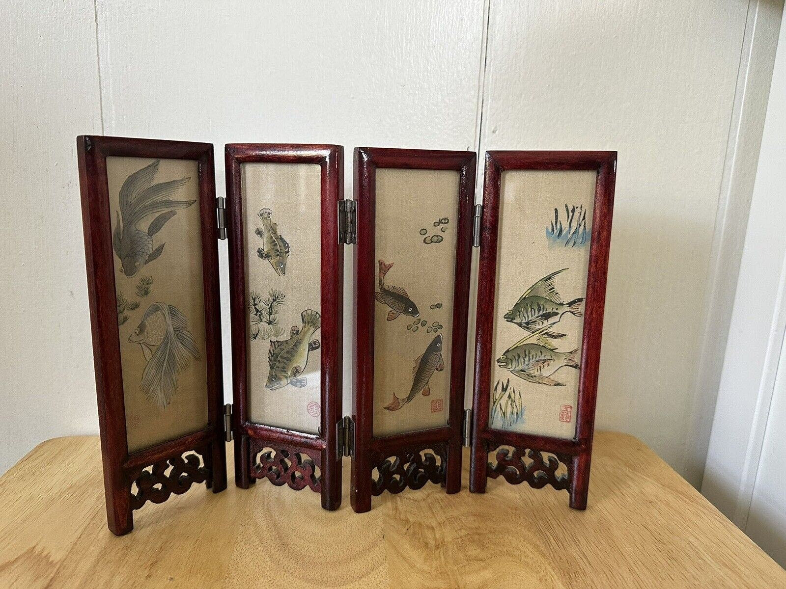 Vintage Asian Tabletop Wood Folding Screen 4 Panels Mountains Trees Koi