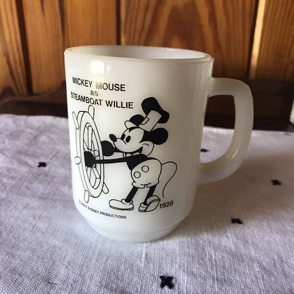 Vintage Mickey Mouse Steamboat Willie Milk Glass Mug Anchor Hocking Pepsi READ