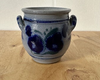 Miniature Salt Glazed Pottery Jug Crock Double Handled Blue Floral 2.5”